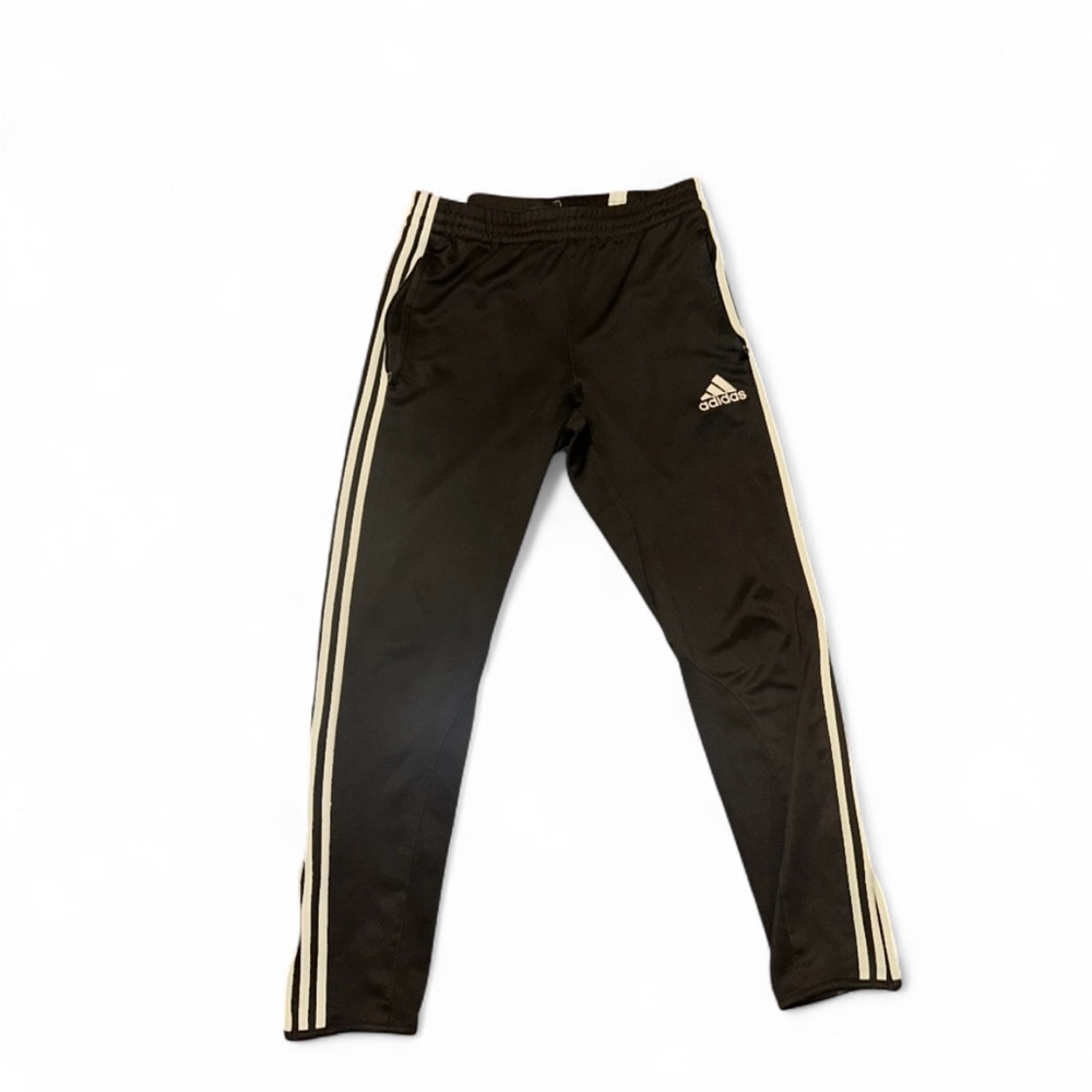 Adidas Men’s Small Black Taper Leg Track Pants Zip Leg 3 Stripe Elastic Waist‎